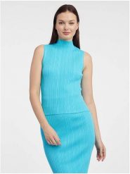 Orsay Top dzianinowy w kolorze błękitnym rozmiar: M. Niebieskie topy Orsay, m, bez wzorów, z dzianiny, bez kołnierzyka, bez ramiączek. Za 43.99 zł.