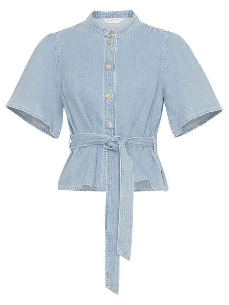 MOSS COPENHAGEN Bluzka dżinsowa w kolorze błękitnym rozmiar: L. Niebieskie bluzki Moss Copenhagen, l, bez wzorów, z bawełny, bez kołnierzyka, bez ramiączek. Za 135.49 zł.