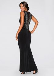 Sukienka maxi ze sztrasami w dekolcie z tyłu. Czarne sukienki bonprix, bez wzorów, z dżerseju, eleganckie, bez kołnierzyka, bez ramiączek, maxi. Za 289.99 zł.