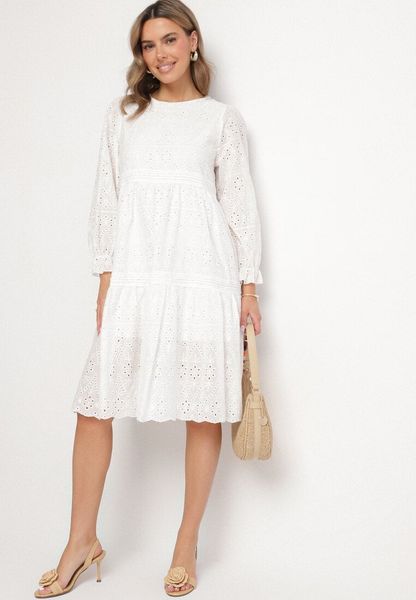 Biała Ażurowa Rozkloszowana Sukienka z Bawełny Edilavia. Białe sukienki Born2be, do pracy, na lato, s, w ażurowe wzory, z bawełny, biznesowe, bez kołnierzyka, bez ramiączek, rozkloszowane. Za 149.99 zł.