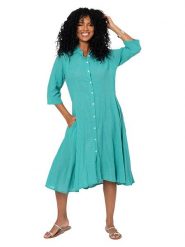 Aller Simplement Sukienka w kolorze turkusowym rozmiar: 38/40. Niebieskie sukienki Aller Simplement, bez wzorów, z bawełny, bez kołnierzyka, bez ramiączek, midi. Za 100.99 zł.