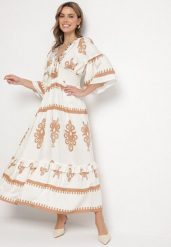 Beżowa Sukienka Boho z Wiskozą w Etniczny Wzór z Szeroką Gumką w Pasie Efanielis. Brązowe sukienki Born2be, na co dzień, na lato, m, z aplikacjami, z wiskozy, boho, bez kołnierzyka, bez ramiączek, maxi, rozkloszowane. Za 159.99 zł.