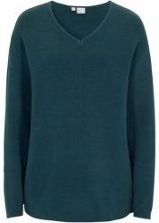 Sweter z dzianiny Milano w prążek, z dekoltem w serek. Niebieskie swetry bonprix, bez wzorów, z dzianiny, bez ramiączek. Za 102.99 zł.