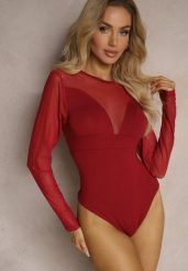 Bordowe Wiskozowe Body z Transparentnymi Wstawkami i Zapięciem na Haftki Maivia. Czerwone body Renee, l, bez wzorów, z jeansu. Za 44.99 zł.
