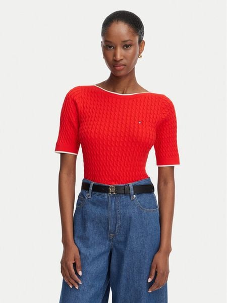 Tommy Hilfiger Sweter Fine Gg Cable Boat WW0WW50103 Czerwony Regular Fit. Czerwone swetry TOMMY HILFIGER, m, bez wzorów, z bawełny, bez ramiączek. Za 357.99 zł.