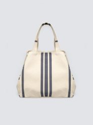Torba damska plażowa z granatowymi paskami kremowa Berli 102. Białe torebki klasyczne Big Star, bez wzorów, z bawełny, duże, bez dodatków. Za 179.99 zł.