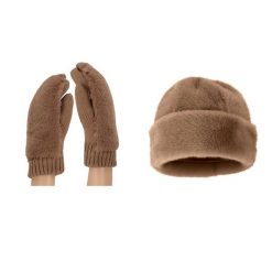 Damskie rękawiczki Teddy i czapka puchowa, rozmiar uniwersalny, kolor taupe. Brązowe czapki SARLINI, bez wzorów, z materiału. Za 186.35 zł.