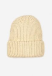 Beżowa Czapka Beanie z Wiskozą z Prążkowanego Materiału Ozdobiona Metaliczną Nicią Temitana. Brązowe czapki Renee, z aplikacjami, z jeansu. Za 29.99 zł.