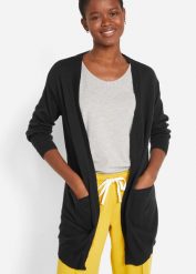 Sweter bawełniany bez zapięcia, z dzianiny o splocie drobnych oczek. Czarne swetry bonprix, bez wzorów, z bawełny, bez ramiączek. Za 109.99 zł.