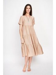 Le Jardin du Lin Sukienka w kolorze kremowym rozmiar: 36. Brązowe sukienki Le jardin du lin, bez wzorów, bez kołnierzyka, bez ramiączek, midi. Za 130.99 zł.