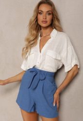 Granatowe Casualowe Szorty w Stylu Bermudów z Bawełny z Materiałowym Paskiem i Wszytą z Tyłu Gumką Lovanara. Niebieskie szorty Renee, bez wzorów, z bawełny, eleganckie. Za 59.99 zł.