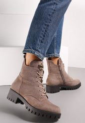 Szare Botki Workery z Sznurowaniem Heggea. Szare botki Renee, na jesień, bez wzorów, bez obcasa, na płaskiej podeszwie, bez zapięcia. Za 159.99 zł.
