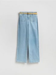 Jeansy wide leg z paskiem - niebieski. Niebieskie jeansy Reserved, bez wzorów. Za 129.99 zł.