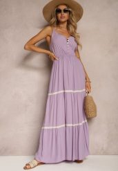 Fioletowa Sukienka Zapinana na Guziki na Ramiączkach z Gumką w Talii i Falbanką Tiamalia. Fioletowe sukienki Renee, na imprezę, l, bez wzorów, eleganckie, bez kołnierzyka, bez ramiączek, maxi. Za 49.99 zł.