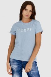 GUESS Błękitny t-shirt damski bawełniany z białym logo, Rozmiar XS. Niebieskie t-shirty Guess, s, z aplikacjami, z bawełny, bez kołnierzyka, bez ramiączek. W wyprzedaży za 89.99 zł.