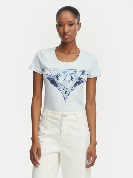 Guess T-Shirt W6GI11 K3026 Niebieski jasny Regular Fit. Niebieskie t-shirty Guess, s, z aplikacjami, z bawełny, bez kołnierzyka, bez ramiączek. Za 118.99 zł.