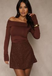 Brązowe Cekinowe Spódnico-Szorty z Wełną Fedalia. Brązowe szorty Renee, z aplikacjami, z wełny. Za 139.99 zł.