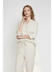 ASSUILI Lniana bluzka w kolorze kremowym rozmiar: 42. Brązowe bluzki Assuili, bez wzorów, ze lnu, bez kołnierzyka, bez ramiączek. Za 130.99 zł.