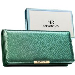 Portfel damski ze skóry ekologicznej w zielonym kolorze, wyposażony w system RFID - Rovicky. Zielone portfele ROVICKY, bez wzorów, ze skóry ekologicznej. Za 79.99 zł.