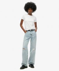 Superdry Jeansy szerokie z wysokim stanem z bawełny organicznej. Zielone jeansy Superdry, z aplikacjami, z podwyższonym stanem. Za 315.50 zł.