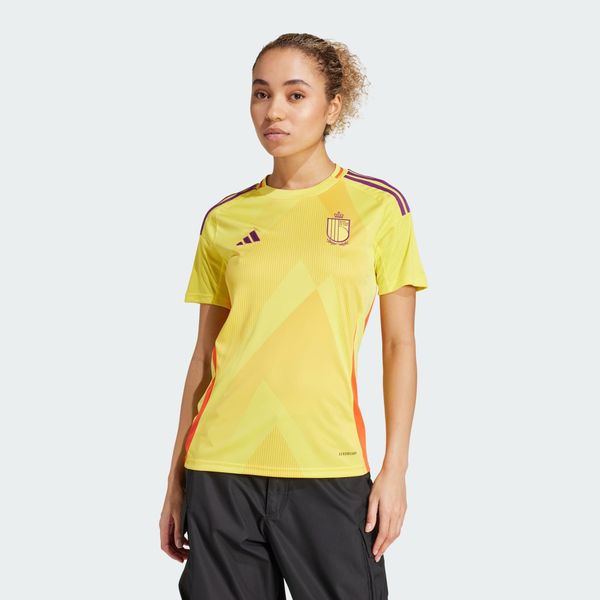 Koszulka Belgium 25 (Women's Team) Away. Żółte bluzki Adidas, s, bez wzorów, z materiału, sportowe, bez kołnierzyka, bez ramiączek. W wyprzedaży za 246.95 zł.