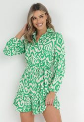 Zielona Koszulowa Sukienka Mini w Ornamentalny Wzór z Falbanką Alecerlla. Zielone sukienki Born2be, l, bez wzorów, bez kołnierzyka, bez ramiączek, mini, koszulowe. Za 149.99 zł.