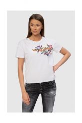 MOSCHINO Biały t-shirt damski z logo i kwiatami, Rozmiar XS. Białe t-shirty MOSCHINO, s, bez wzorów, prążkowane, bez kołnierzyka, bez ramiączek. W wyprzedaży za 259.99 zł.