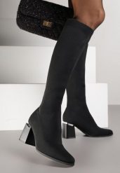 Czarne Eleganckie Kozaki VICES ze Skarpetkową Cholewką na Słupku z Aplikacją Raleana. Czarne kozaki Renee, bez obcasa, na obcasie, bez zapięcia. Za 159.99 zł.