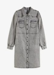 Krótka sukienka dżinsowa. Szare sukienki bonprix, bez wzorów, z denimu, bez kołnierzyka, bez ramiączek, mini, szmizjerki. Za 239.99 zł.