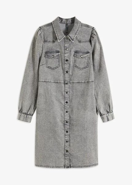 Krótka sukienka dżinsowa. Szare sukienki bonprix, bez wzorów, z denimu, bez kołnierzyka, bez ramiączek, mini, szmizjerki. Za 239.99 zł.