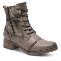 Botki Mustang. Szare botki Mustang, bez wzorów, bez obcasa, na płaskiej podeszwie, bez zapięcia. Za 244.99 zł.