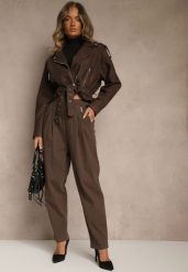 Brązowe Spodnie High Waist z Bawełny o Szerokim Kroju Nalitia. Brązowe spodnie materiałowe Renee, na co dzień, m, bez wzorów, z bawełny, z podwyższonym stanem. Za 69.99 zł.