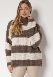 Brązowy Golf z Wełną i Wiskozą w Paski Monisea. Brązowe golfy Born2be, bez wzorów, z jeansu, bez ramiączek. Za 169.99 zł.