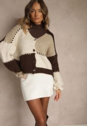 Brązowy Oversizowy Kardigan w Patchworkowym Stylu z Guzikami i Domieszką Wełny Atavita. Brązowe kardigany Renee, bez wzorów, z wełny. Za 169.99 zł.
