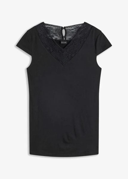 Koszulka z miękkiej wiskozy. Czarne bluzki bonprix, bez wzorów, z koronki, bez kołnierzyka, bez ramiączek. Za 37.99 zł.