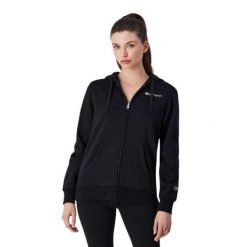Bluza Damska Z Pełnym Zamkiem Błyskawicznym Z Markowym Rękawem. Czarne bluzy Champion, l, bez wzorów, z bawełny, z kapturem. Za 426.99 zł.