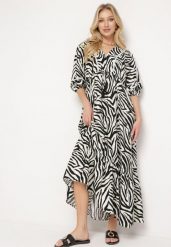 Czarno-Biała Sukienka z Bawełny i Wiskozy w Abstrakcyjne Paski ze Sznurkiem w Talii Navarae. Czarne sukienki Born2be, na co dzień, l, bez wzorów, z bawełny, wizytowe, bez kołnierzyka, bez ramiączek, maxi, dopasowane. Za 129.99 zł.