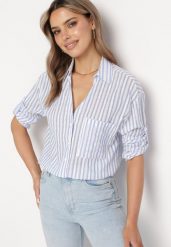Jasnoniebieska Bawełniana Koszula w Paski z Haftem na Kieszonce Leriatia. Niebieskie koszule Born2be, l, bez wzorów, z bawełny, bez kołnierzyka, bez ramiączek. Za 54.99 zł.