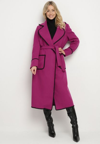 Fioletowy Płaszcz z Kontrastowymi Obszyciami o Szlafrokowym Kroju z Wiązanym Paskiem Norenamia. Fioletowe płaszcze Born2be, bez wzorów, bez kaptura. Za 99.99 zł.