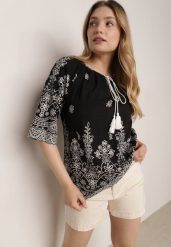 Czarna Bluzka z Wiskozy z Kwiatowym Wzorem Wiązaniem i Frędzlami Hawnalue. Czarne bluzki Born2be, l, bez wzorów, z wiskozy, biznesowe, bez kołnierzyka, bez ramiączek. Za 59.99 zł.