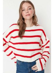 Trendyol Sweter w kolorze biało-czerwonym rozmiar: XL. Białe swetry Trendyol, xl, bez wzorów, ze splotem, bez ramiączek. Za 91.77 zł.