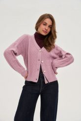 Kardigan różowy. Czerwone kardigany MOODO, l, bez wzorów, z poliamidu. Za 139.99 zł.