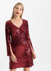 Sukienka z cekinami i rozkloszowanymi rękawami. Czerwone sukienki bonprix, na imprezę, bez wzorów, bez kołnierzyka, bez ramiączek, rozkloszowane. Za 79.99 zł.