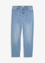 Jeansy o kroju mom, high waist, o skróconej długości. Niebieskie jeansy bonprix, bez wzorów, z podwyższonym stanem. Za 114.99 zł.