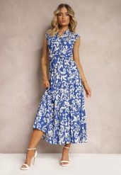 Granatowo-Biała Wiskozowa Sukienka z Gumką w Talii i Materiałowym Paskiem Zapinana na Guziki Viealia. Niebieskie sukienki Renee, na co dzień, l, bez wzorów, z jeansu, eleganckie, bez kołnierzyka, bez ramiączek, midi. Za 99.99 zł.