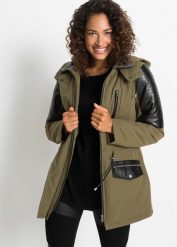 Kurtka parka z wstawkami ze sztucznej skóry. Zielone kurtki bonprix, z materiału, z kapturem. Za 359.99 zł.