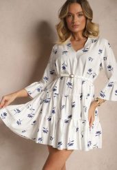 Biała Rozkloszowana Sukienka z Wiskozą Zdobiona Haftem i Falbanami Aliorra. Białe sukienki Renee, na co dzień, l, z aplikacjami, z bawełny, eleganckie, bez kołnierzyka, bez ramiączek, mini, proste. Za 89.99 zł.