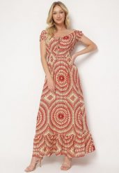 Beżowo-Czerwona Wiskozowa Sukienka o Rozkloszowanym Kroju z Wiązaniem przy Dekolcie i Gumką w Talii Wicia. Brązowe sukienki Born2be, na co dzień, na lato, l, bez wzorów, z wiskozy, eleganckie, bez kołnierzyka, bez ramiączek, maxi, rozkloszowane. Za 69.99 zł.