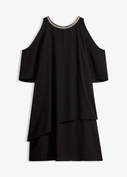 Sukienka koszulowa. Czarne sukienki bonprix, z aplikacjami, z szyfonu, eleganckie, bez kołnierzyka, bez ramiączek, koszulowe. Za 239.99 zł.