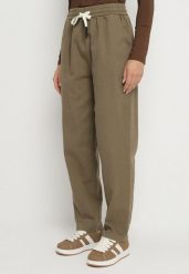 Ciemnobeżowe Spodnie Bawełniane w Stylu Mom Fit ze Sznurkiem Adenelle. Brązowe spodnie materiałowe Born2be, na co dzień, l, bez wzorów, z bawełny. Za 69.99 zł.